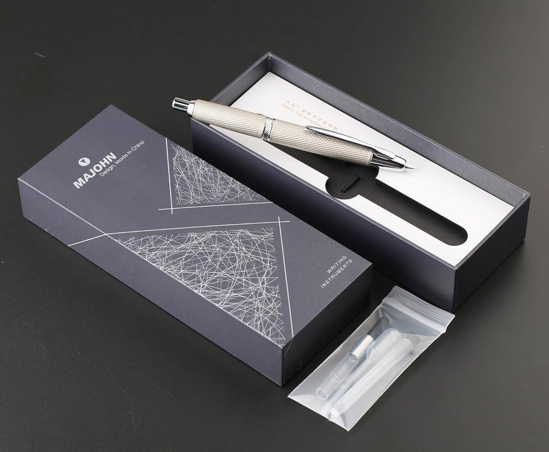 erofa Majohn A1 Retractable Fountain Pen with Box, Press Extra Fine Nib Metal White Grid Ink Pen with Converter Writing Set (With Clip Version) - Image 4